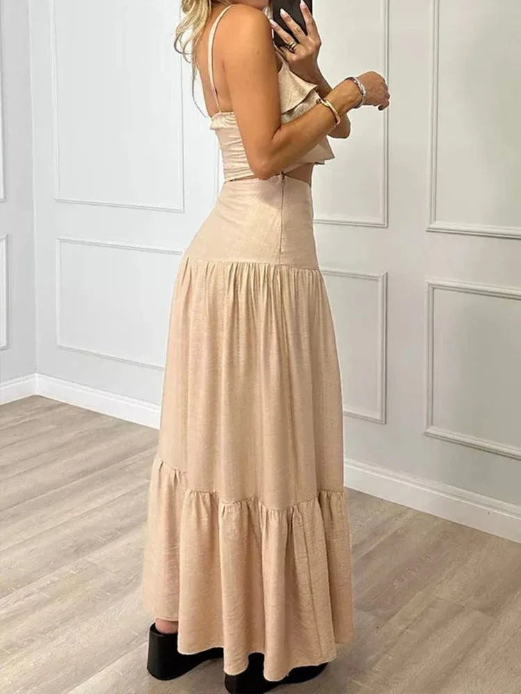 Beige Linen Ruffled Crop Top Tiered Skirt Set for Women Perfect for Summer Days Picnics Casual Bohemian Outfits