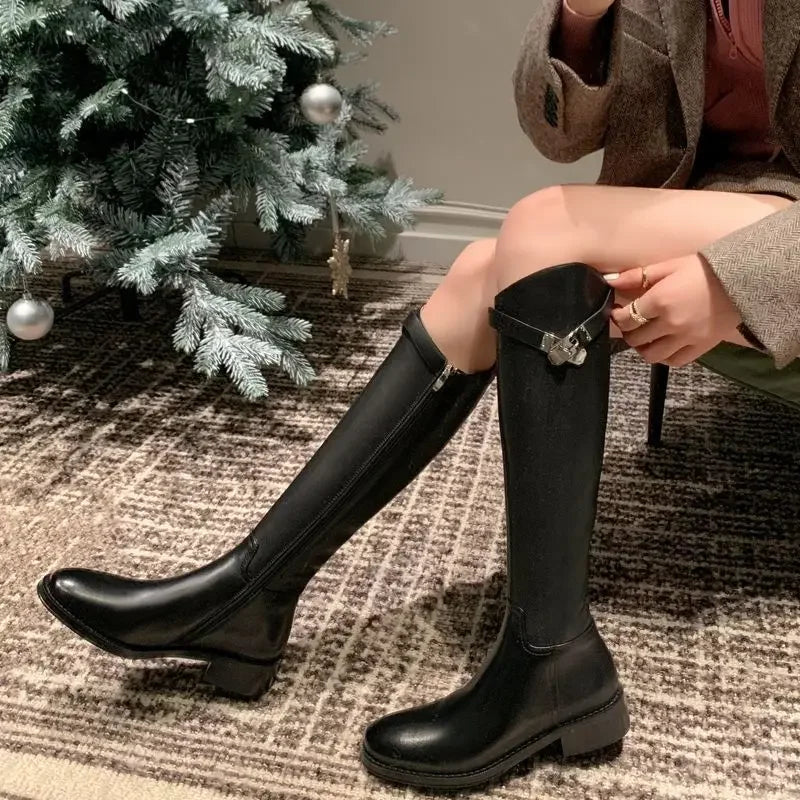 Slimming Effect Knight Boots Women's Flat Bottom Angle Cut Long Boots Lock Buckle Korean Style Versatile High Boots Leg Shaping