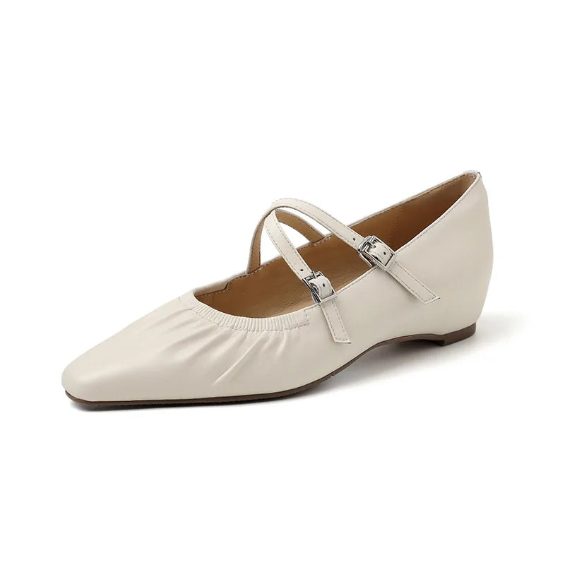 S2509 Soft Crinkled Lambskin Mary Jane Flats Spring 2025 Chunky Pointed Toe Genuine Leather Women's Shoes Shoes