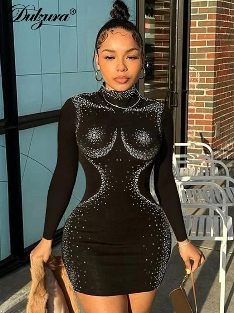 Dulzura Half Turtleneck Sparkly Crystal Rhinestone Long Sleeve Bodycon Women Mini Dress Y2K Clothes Streetwear Party Club Sexy