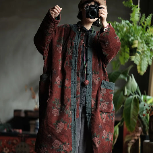 Johnature Women Vintage Red Floral Corduroy Warm Parkas Button Long Sleeve Pockets Coats 2025 Winter New Chinese Style Parkas