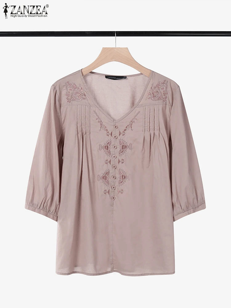 ZANZEA Women Vintage Floral Embroidery Blouses Summer Casual V-Neck Half Puff Sleeve Pintuck Blusas Mujer Day Wear Tunic Tops