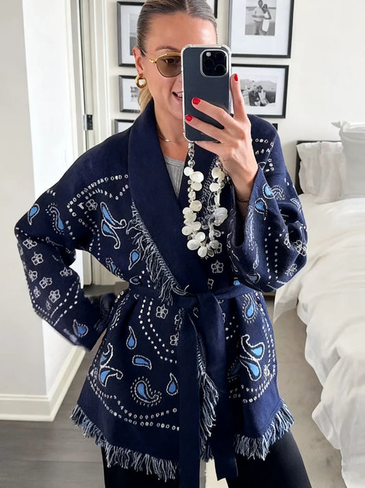 Fashion Lace Up Floral Tassel Patchwork Sweater For Women Elegant Long Sleeve Belt Knitted Cardigan Jacket Lady Chic Street Tops