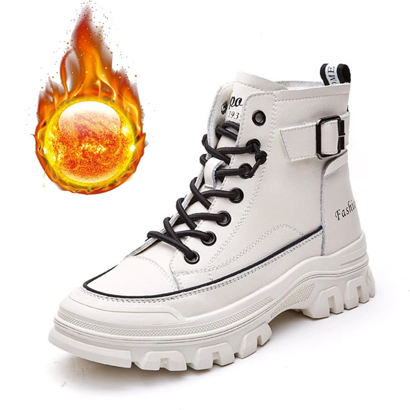 100% Genuine Leather Winter Shoes Women Fashion Modern Boots Brand Ladies Ankle Boots Thick Sole Height Increasing 4cm D238