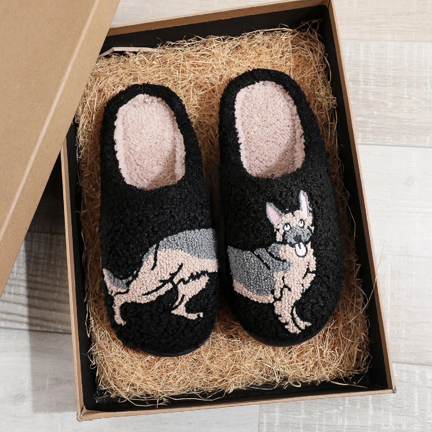 German Shepherd Pet Pattern Embroidery stuffed Home Platform Cozy Furry Cotton Slippers Men Personality Warm Non-slip Indoor Slippers Pet Dad Gift Dog Lovers Essential
