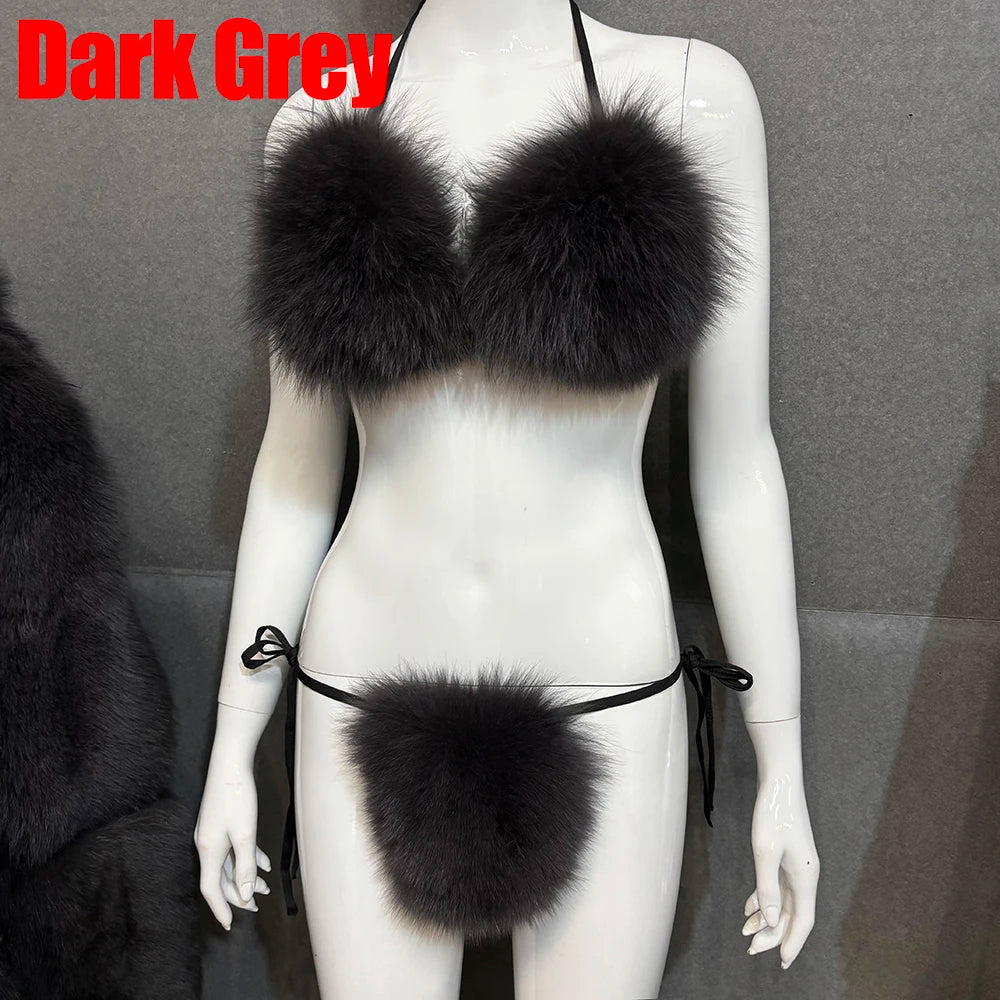 YOLOAgain Women Solid Natural Fox Fur Sexy Bikini Set Bra Detachable