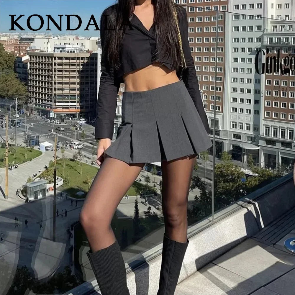 KONDALA 2025 Fall Winter Women Casual Tierred Mini Skirts Fashion Vintage Solid High Wasit Ruffles Pleated Sexy Shorts Skirts