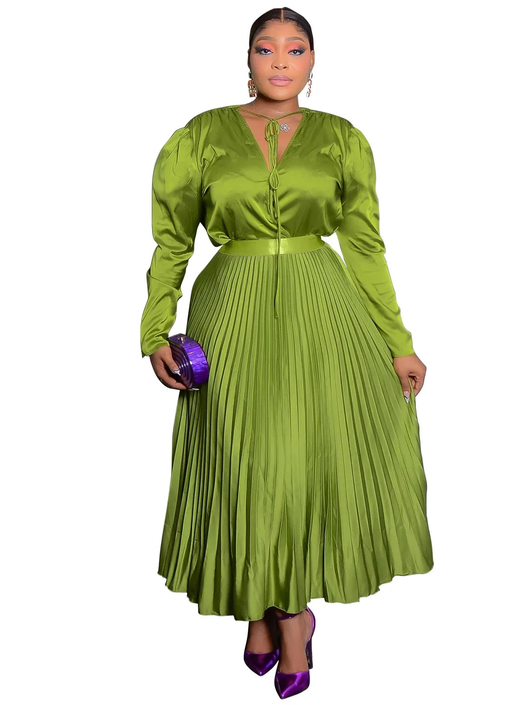 CM.YAYA Plus Size Women's Dress Set Long Sleeve V-neck Blouse and Pleated Maxi Long Skirts Suit Birthday Two 2 Piece Set Outfits