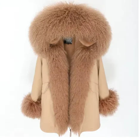 Maomaokong Winter Women Luxur Beige Fur Coat Natural Real Fox Fur Waterproof Jacket Hooded Thick Warm Fashion Long Black Parkas