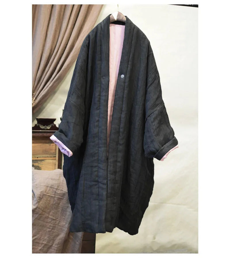 Women Loose Linen Padded Long Coat Parkas Ladies Vintage Flax Coat Female 2023 Winter Coat Tops