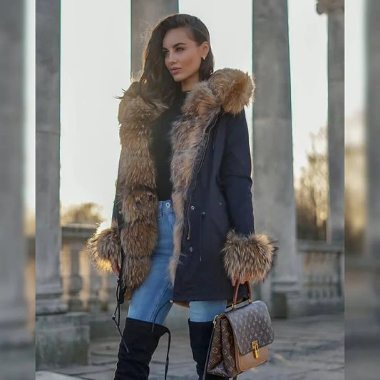 MaoMaoKong Natural Real Fox Fur Jacket Hooded Black Waterproof Woman Winter Warm Coat Parkas Luxury Jacket Female Clothing