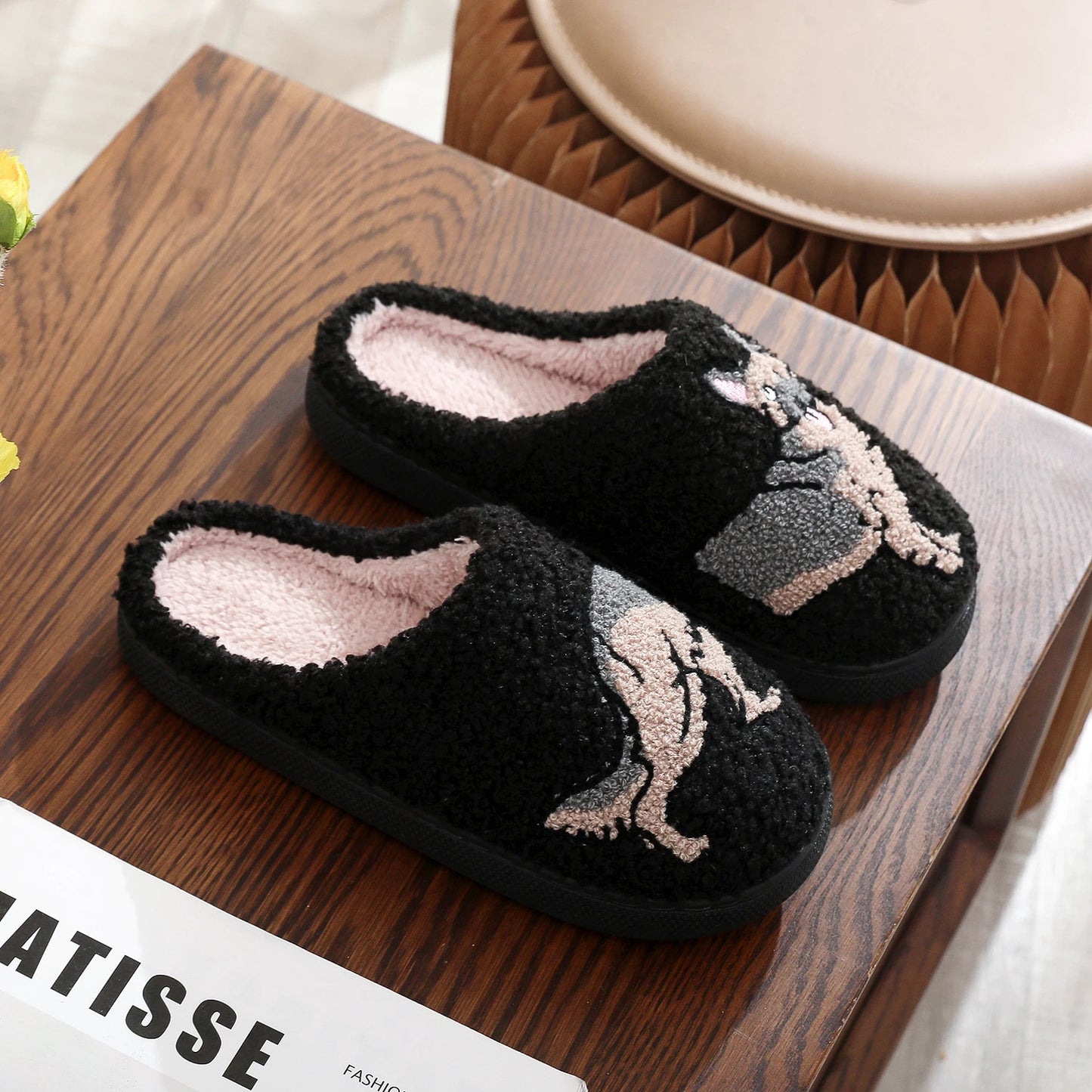 German Shepherd Pet Pattern Embroidery stuffed Home Platform Cozy Furry Cotton Slippers Men Personality Warm Non-slip Indoor Slippers Pet Dad Gift Dog Lovers Essential