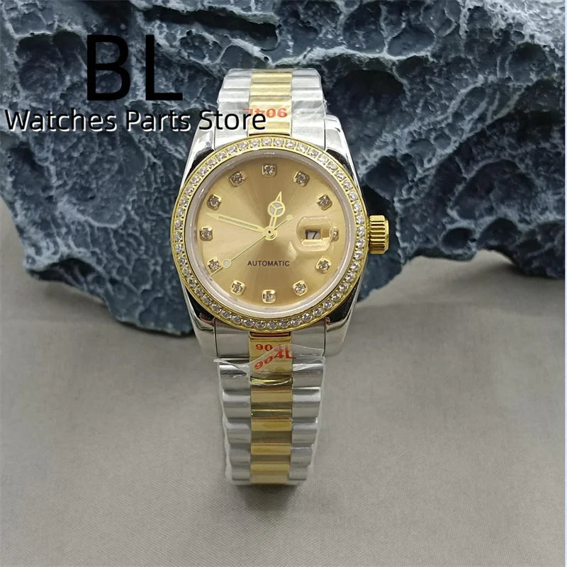 BLIGER 31mm NH05 Automatic Watch For Women Pink Gold Gray Purple Sunburst White Mother Pearl Dial Diamond Index Steel Bracelet