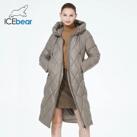 ICEbear-Women's Diamond Quilted Jacket, Lengthened Style, Padded Parka, Warm Cotton Coat, Lengthened, Winter, 2023, GWD22631D