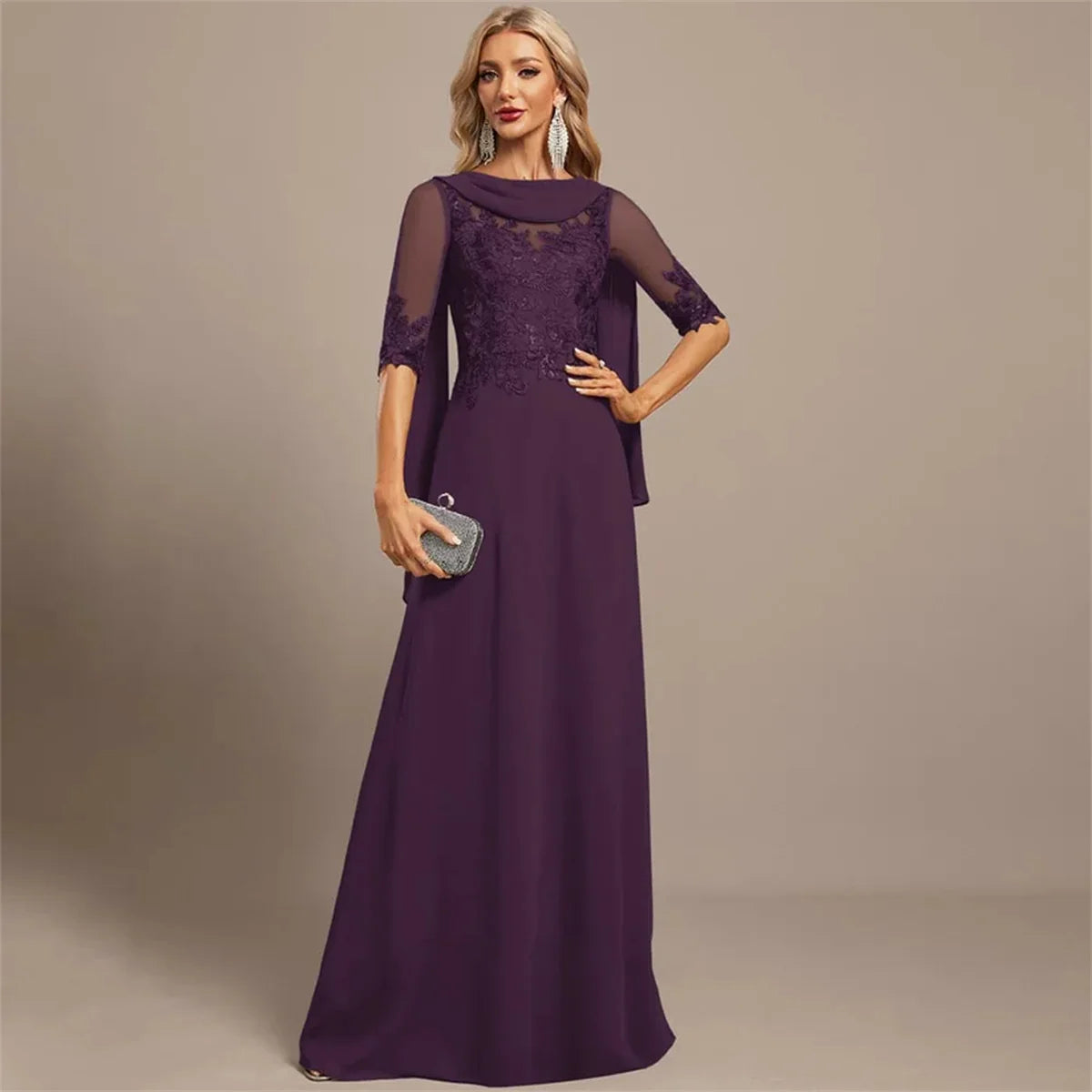 Customized Elegant Lace Applique A Line Mother Of Bride Dresses With Scarf Women's Half Sleeves Boat Neck Evening Prom Dresses