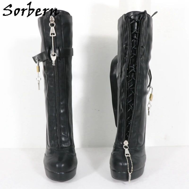 Sorbern Unisex High Ankle Boots Women Straps With Locks Visible Platform High Heels 25Cm Shaft Height Lockable Front Zipper Boot