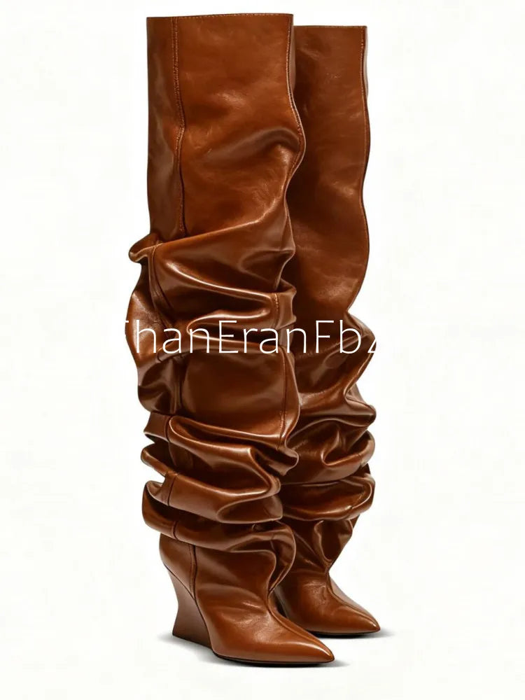 European and American Autumn and Winter Pleated Thick High Heels Knee High Women's Boots Pointed Fashion Party Women's Boots