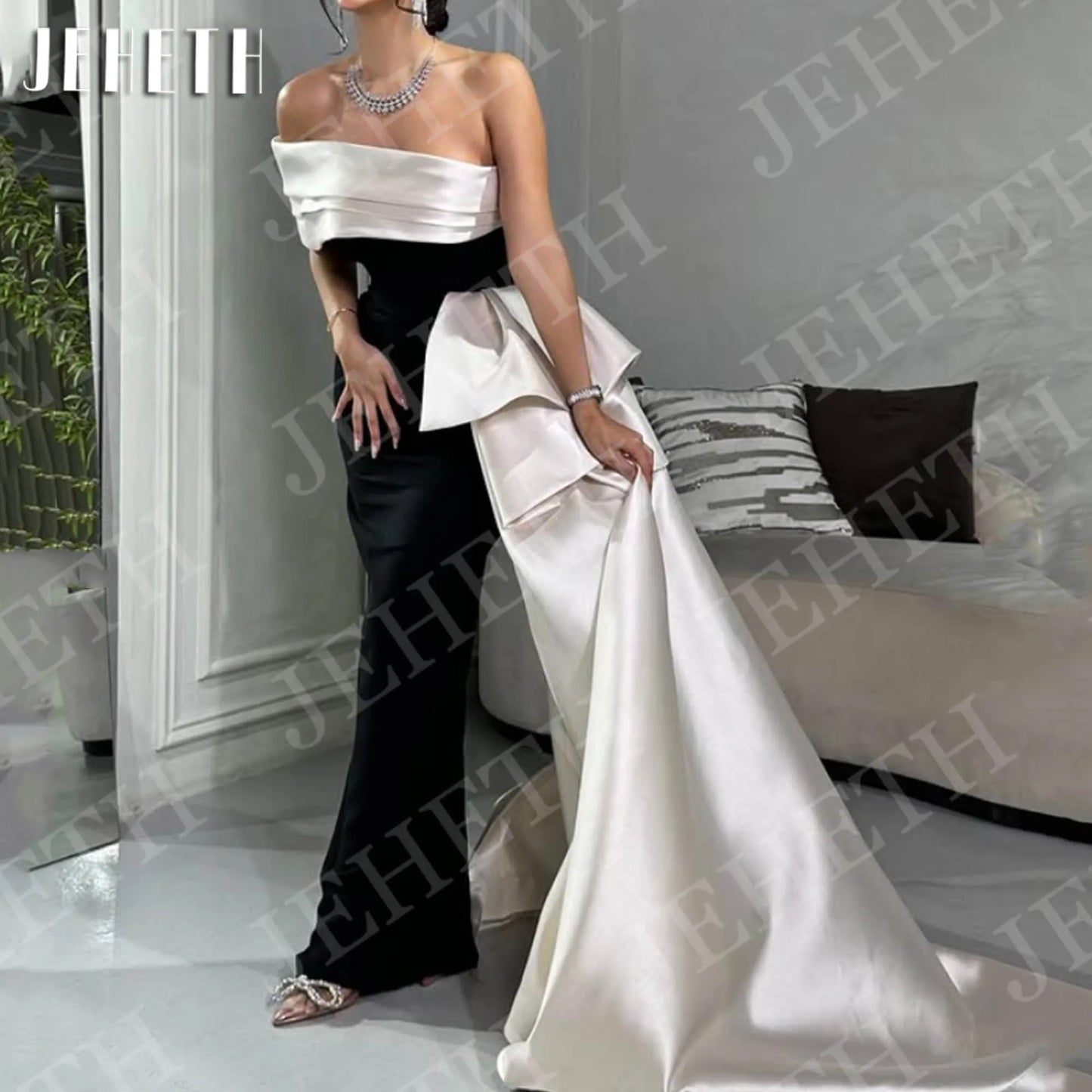 JEHETH Black and White Evening Dress Formal Elegant Saudi Arabia One Shoulder Mermaid Party Dresses Women Customized فساتين سهرة