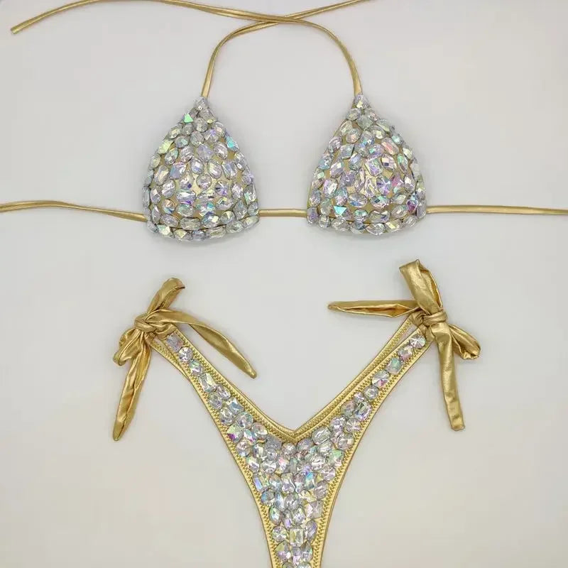 Luxury Bikini 2 Piece Swimsuit Sexy Women Rhinestone Bra and Thong Set Push Up High Waist Bathing Suit Bling Fashion Beachwear