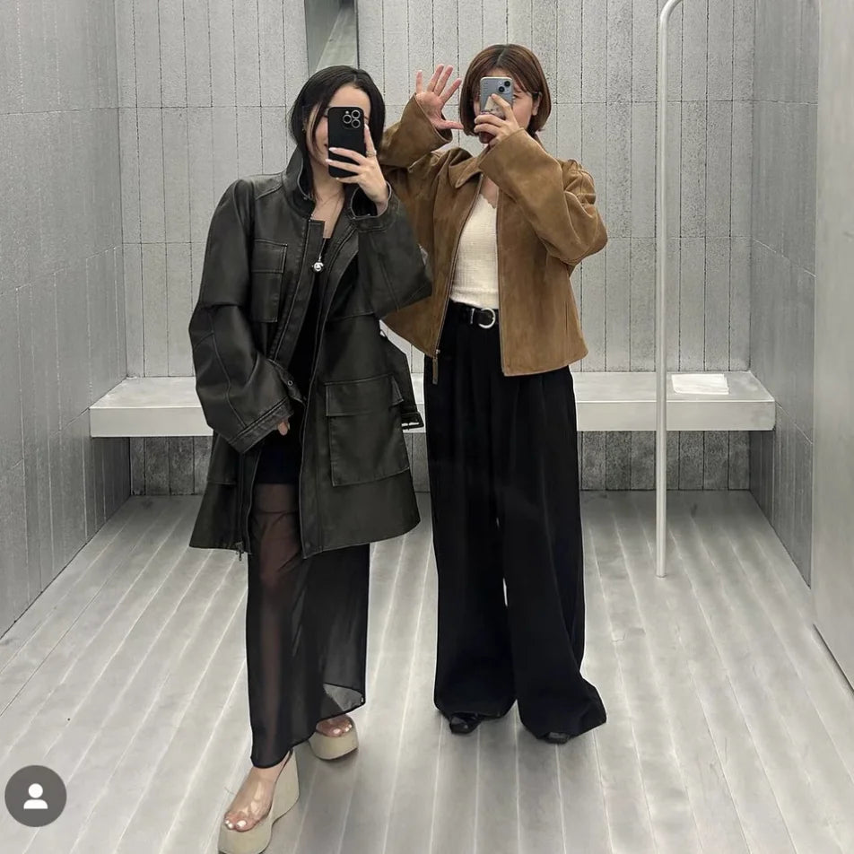 Lowclas*ic Silver Gold Suede Jaet Zipper Flip Collar Slimming Outerwear Women's Commute Sle Regular Length Autumn 2025