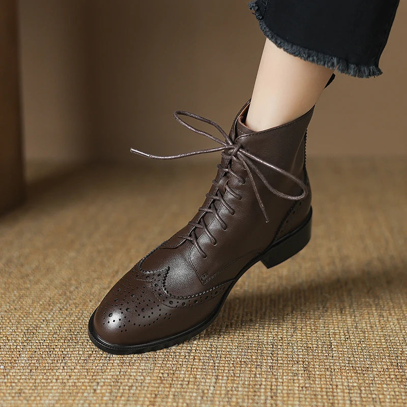 2025 Genuine Leather Boots Women Shoes Thick Sole Lace Up Autumn Winter Short Ankle Boots for Women High Heel Motorcycle Shoes