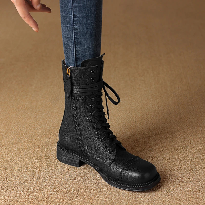 2025 New Autumn Winter Genuine Leather Women Shoes Lace-up Chelsea Women Boots Ankle Boots Chunky Boots Western Women Shoes