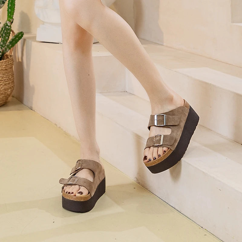 AUTUSPIN Trendy Streetlish Buckles Slippers for Women Nubuck Leather Summer Platform Shoes Ladies Comfort Fashion Slipper Woman