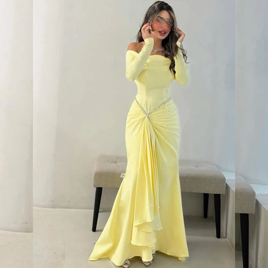 Yellow Evening Dresses Off  the Shoulder Long Sleeve Gown Mermaid Sweep Train Beading Luxury Dresses Customized robes de soirée