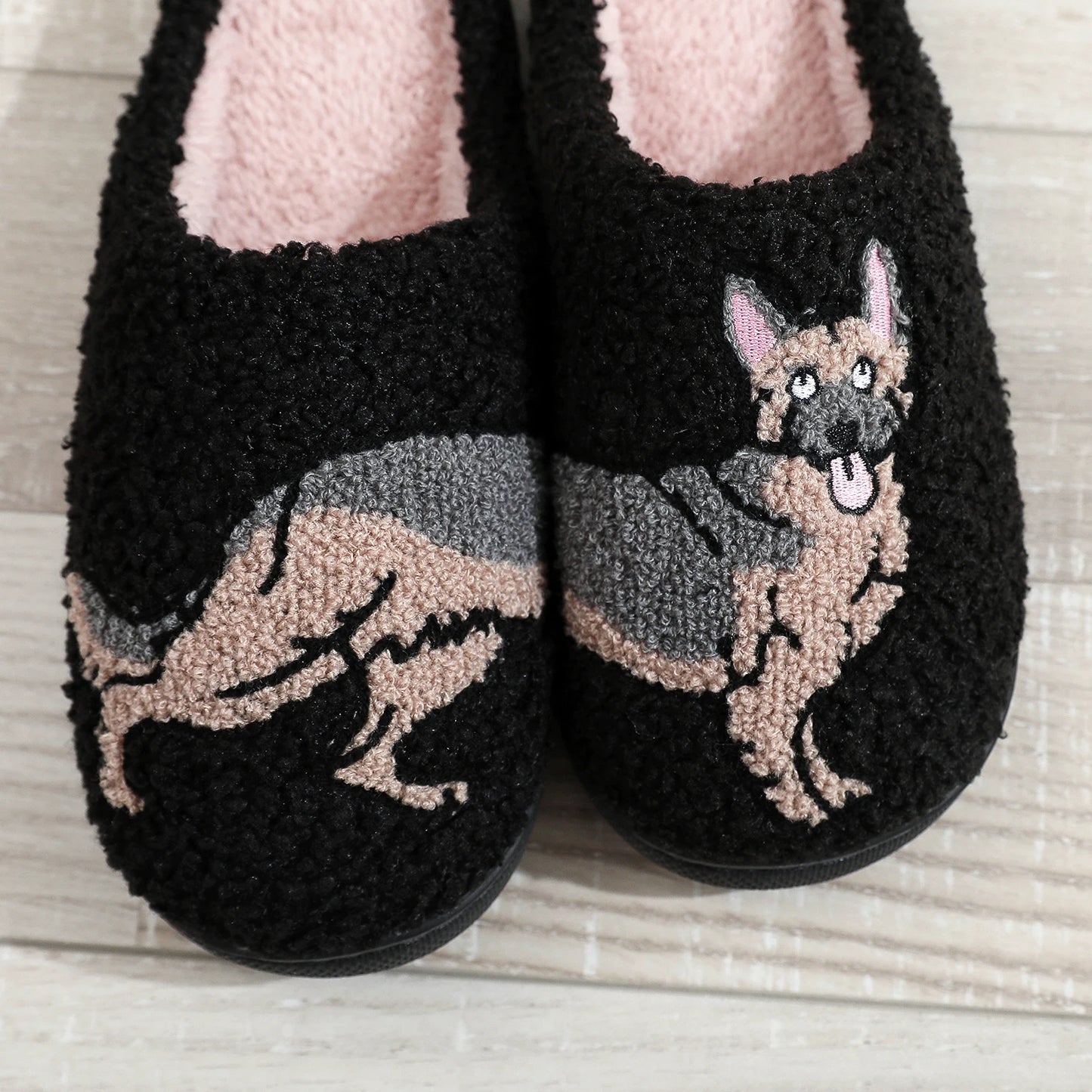 German Shepherd Pet Pattern Embroidery stuffed Home Platform Cozy Furry Cotton Slippers Men Personality Warm Non-slip Indoor Slippers Pet Dad Gift Dog Lovers Essential