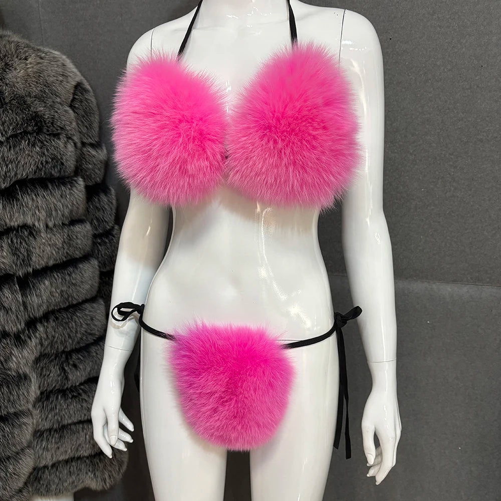 YOLOAgain Women Solid Natural Fox Fur Sexy Bikini Set Bra Detachable