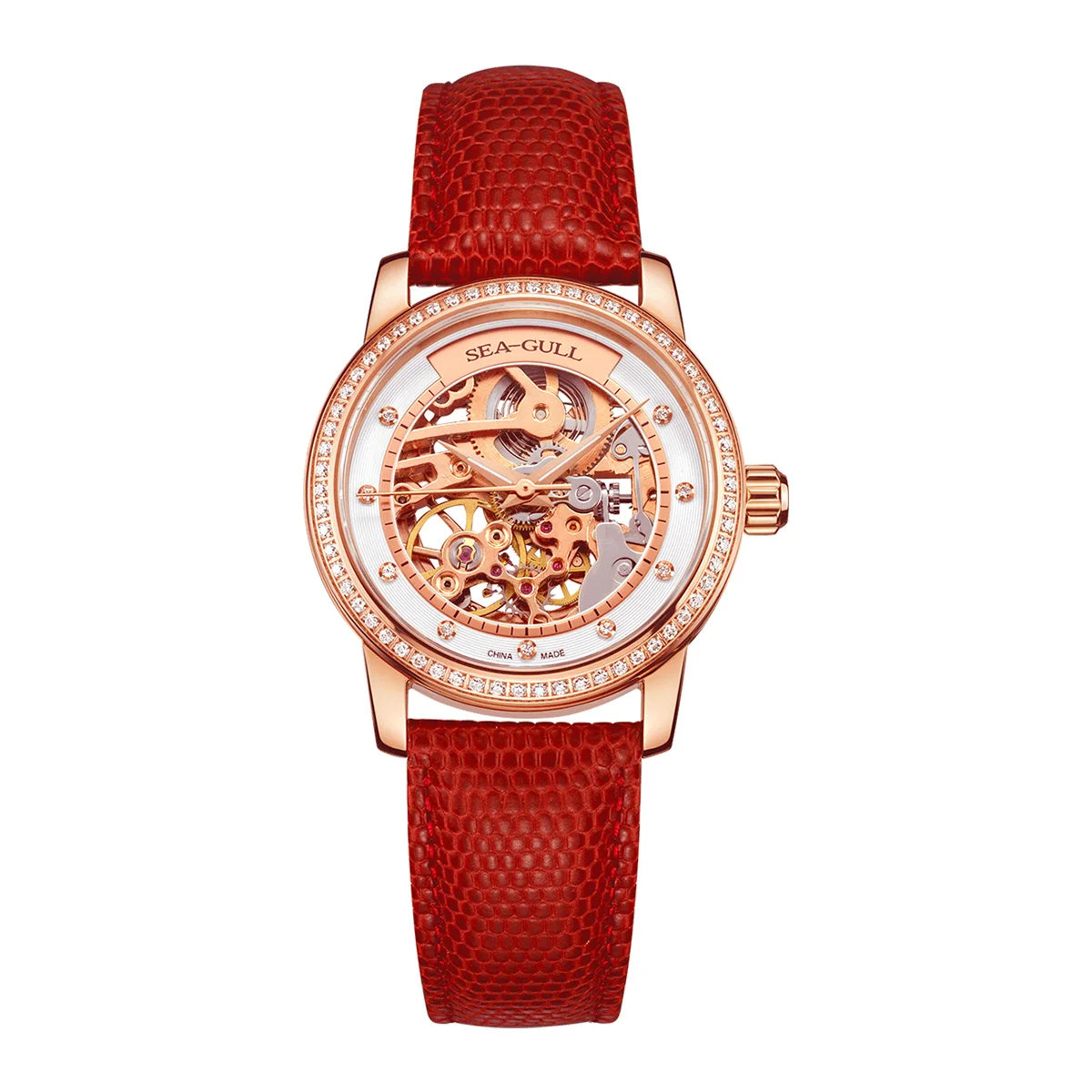 Seagull Fashion Women's Watch Red Luxury Zircon Skeleton Womens Mechanical Automatic Ladies Wristwatch Montre Femme 719.403LK