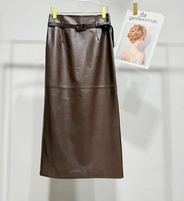 Women's Ankle Long Leather Skirt with Waist Belt Female Soft genuine Leather Back Split Straight Jupe Slimming 85 cm Maxi Faldas