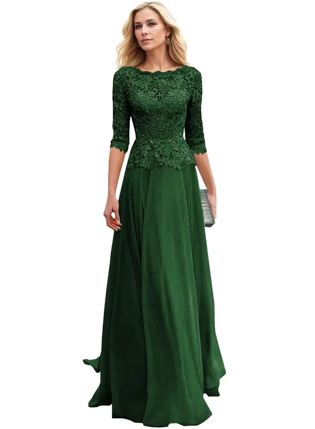 Customized Women's Lace Appliques Mother Of The Bride Dress For Wedding Boat Neck Chiffon Half Sleeves Formal Wedding Guest Gown
