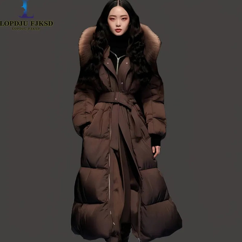 Women's Feathered Cotton Jacket, Hooded Coat, Korean Parkas,Female Clothing,Fur Collar,Adjustable Waist, Winter,New