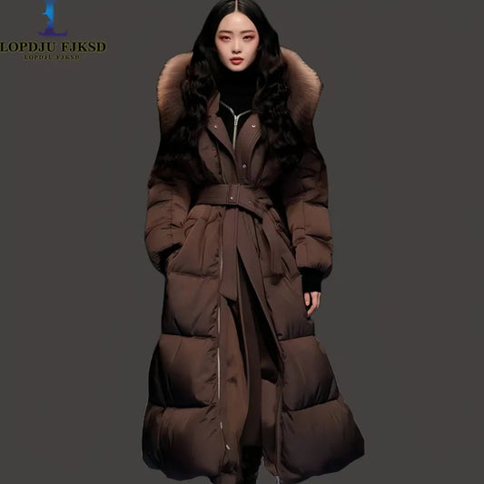 Women's Feathered Cotton Jacket, Hooded Coat, Korean Parkas,Female Clothing,Fur Collar,Adjustable Waist, Winter,New