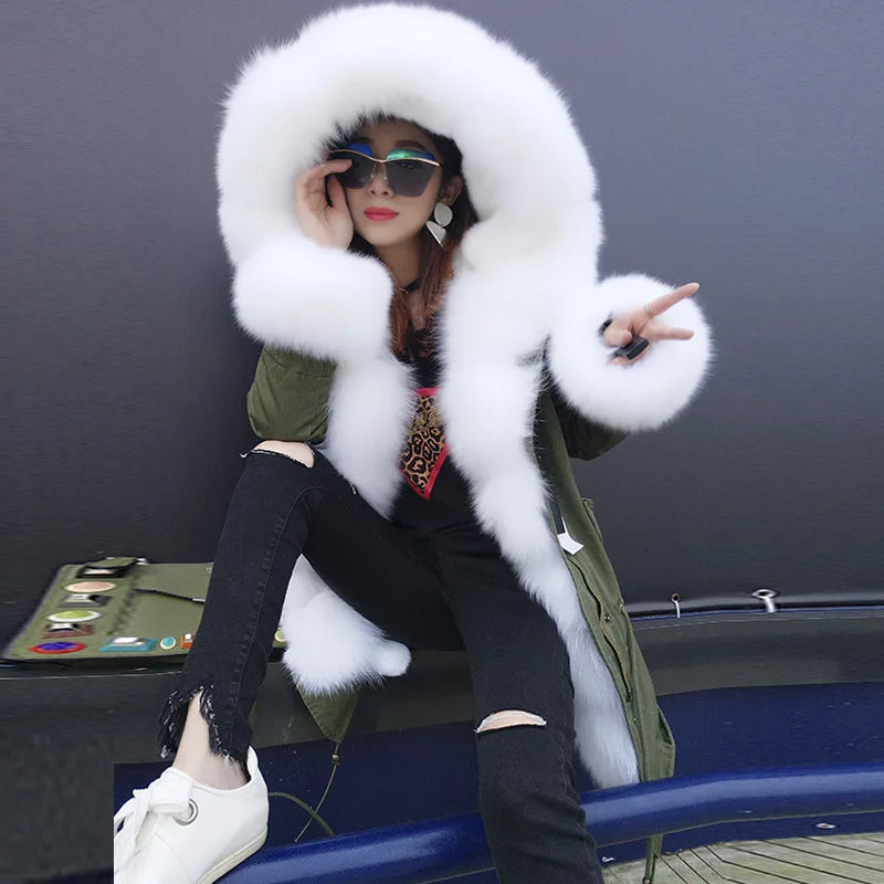 MaoMaoKong Natural Real Fox Fur Jacket Hooded Black Waterproof Woman Winter Warm Coat Parkas Luxury Jacket Female Clothing