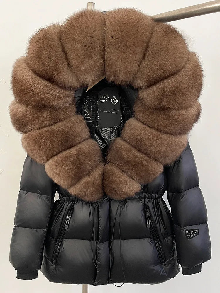 ZMEENNA Women's Black Puffer Down Jacket With Oversized Real Fur Hood Winter Warm Coat Luxurious Quilted Outerwear ZM3375