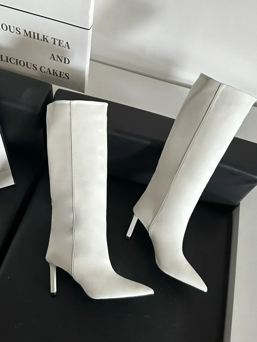 Fashion Retro Minimally Pointed Suede slim High Heels Knight Boots slip-on Knee-high Women's Shoes Pumps Botas De Mujer