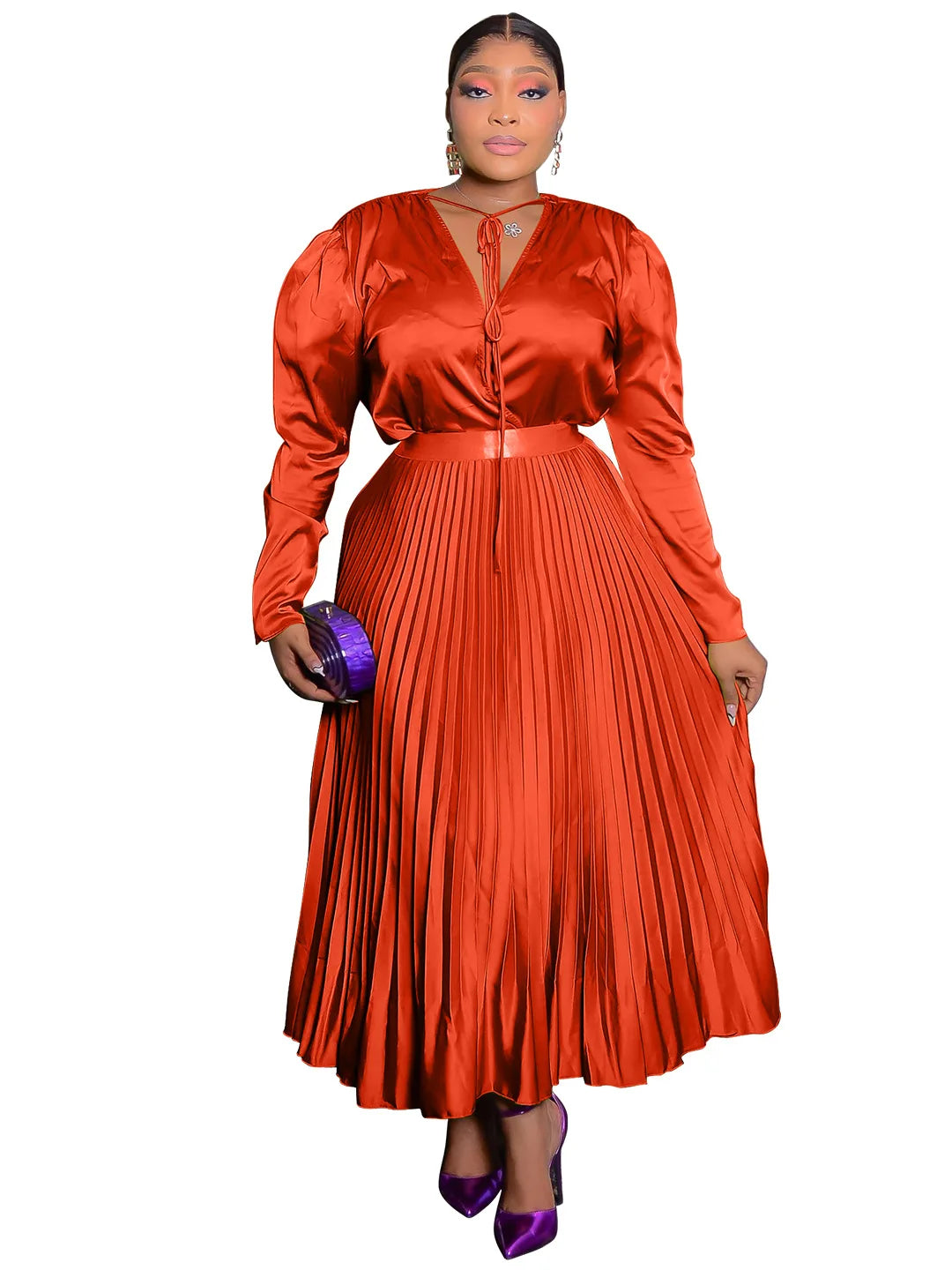 CM.YAYA Plus Size Women's Dress Set Long Sleeve V-neck Blouse and Pleated Maxi Long Skirts Suit Birthday Two 2 Piece Set Outfits