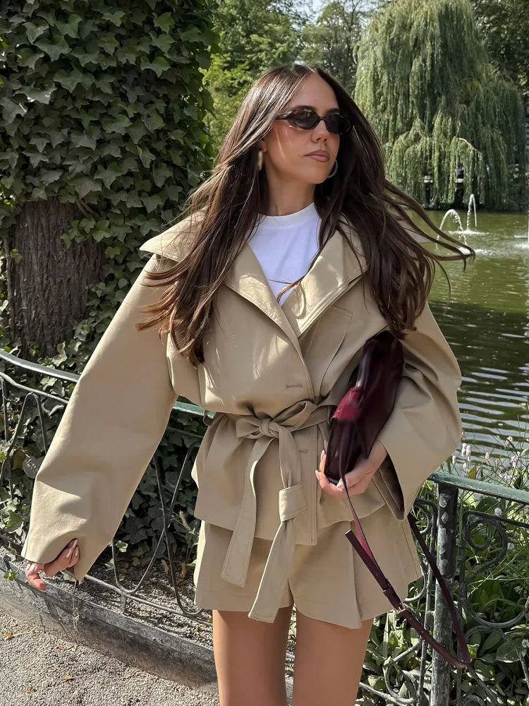 HH Women Fashion Summer Suits Solid Turn-Down Collar Long Sleeves Lace-Up Single-Breasted Jackets+High Waist Zipper Shorts