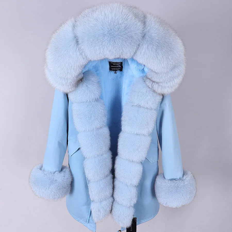 Maomaokong Winter Women Luxur Beige Fur Coat Natural Real Fox Fur Waterproof Jacket Hooded Thick Warm Fashion Long Black Parkas