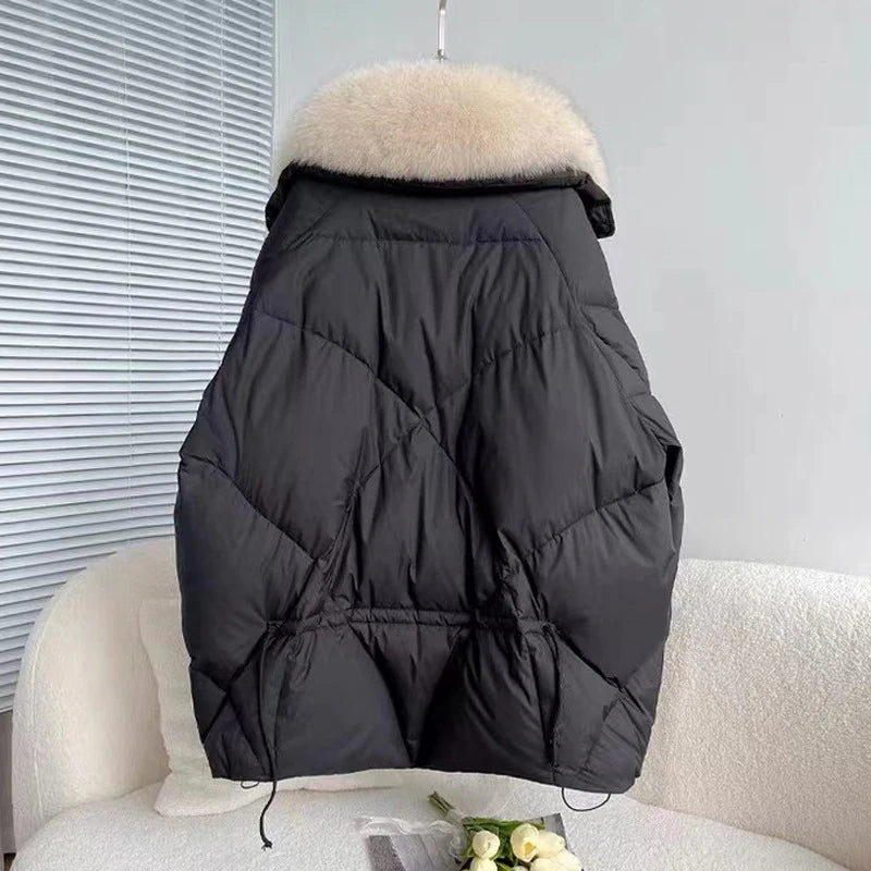 New Autumn Winter Fur Collar Down Jacket Female Loose Width Fur Goose Down Down Jacket For Women Mid Length Winter Parker Coat