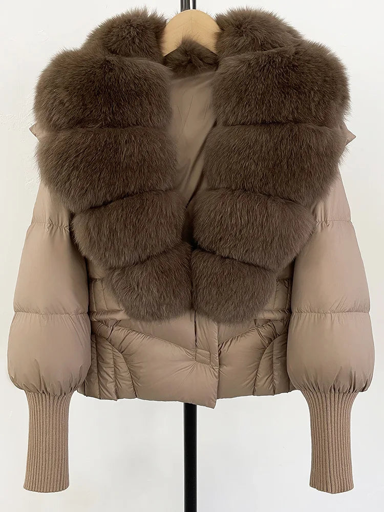 ZMEENNA Women's Black Puffer Down Jacket With Large Real Fur Collar Short Warm Winter Coat Knit Cuffs Elegant Outerwear ZM3377