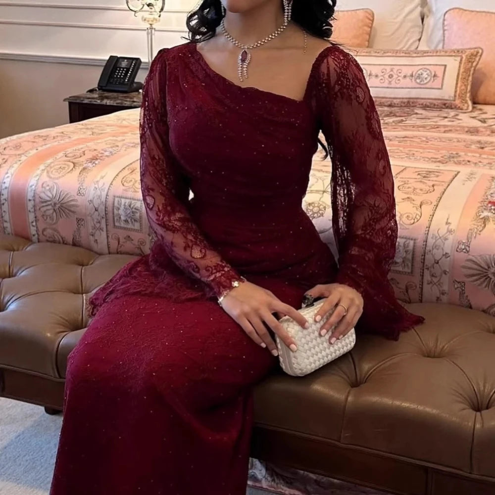 Burgundy Lace Daily Party Prom Gown Hot Sale Sexy Shimmering Evening Dress Illusion Long Sleeves Elegant Women Cocktail Wear