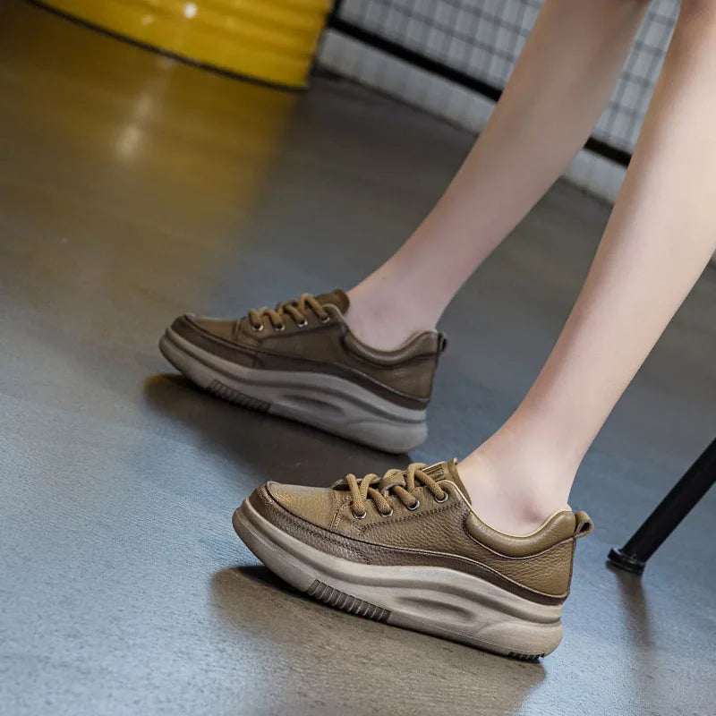 DRKANOL Fashion Women Thick Bottom Casual Sneakers Round Toe Genuine Cow Leather Chunky Platform Lace-Up Lightweight Shoes Lady