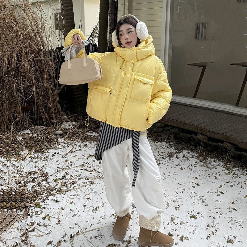 Winter White Duck Down Hooded Parker Outwear Coat Women Big Pocket Solid Loose Down Jacket New Female Warm Zipper Quilted Jacket