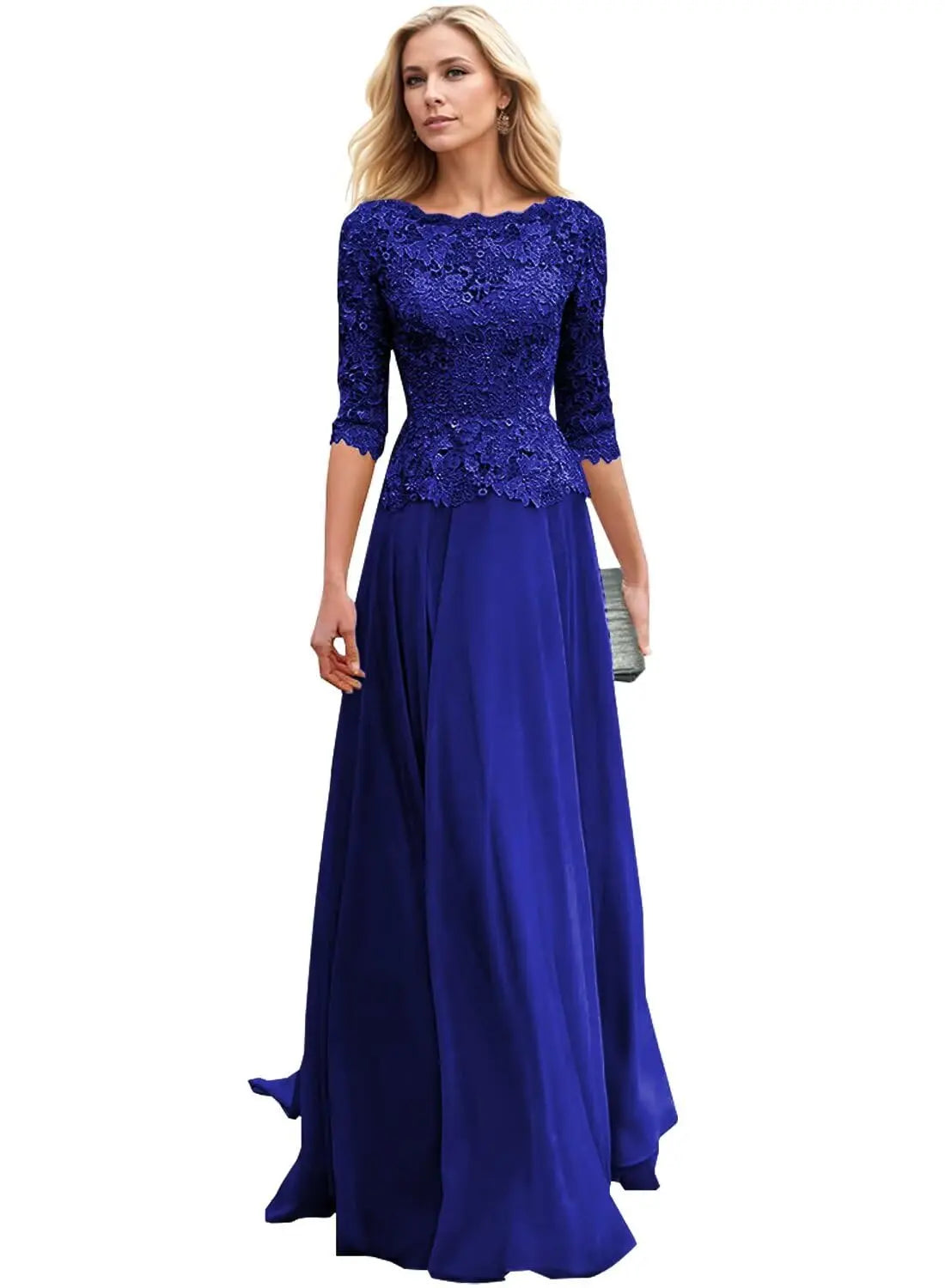 Customized Women's Lace Appliques Mother Of The Bride Dress For Wedding Boat Neck Chiffon Half Sleeves Formal Wedding Guest Gown