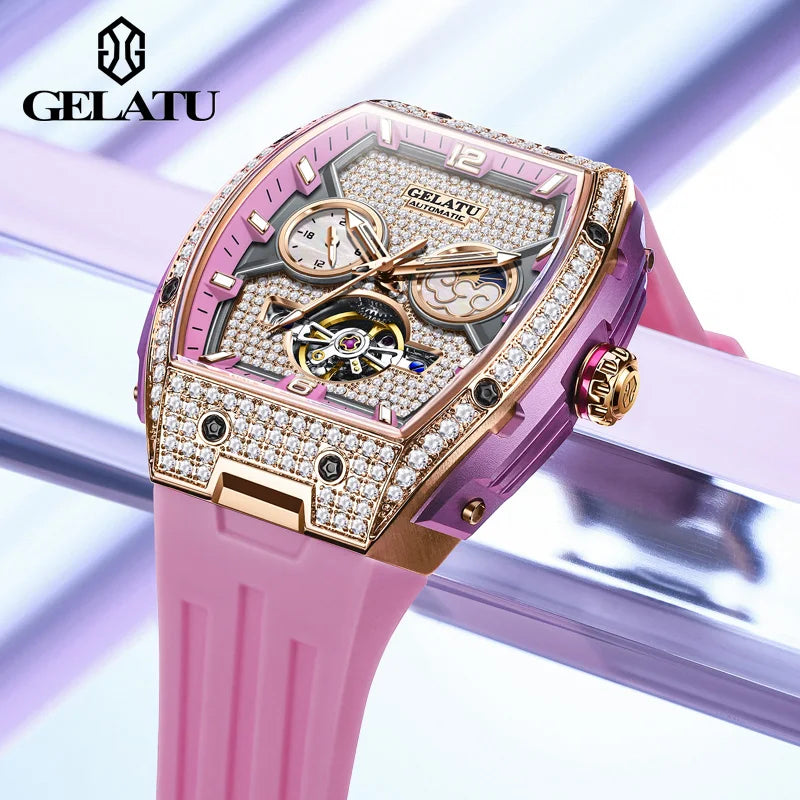 GELATU 6016 Women Watch Luxury Full Diamond Hollow out Dial Silicone Waterproof Moonphase Watch Women Automatic Mechanical Watch