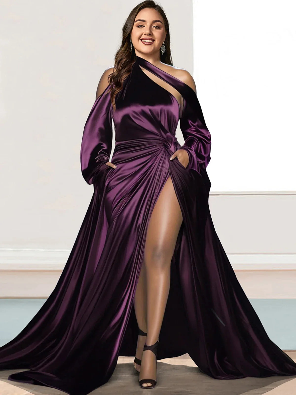 Plus Size Off the Shoulder Evening Long Dress Irregular High Split Satin Elegant Wedding Guest Party Club Purple Maxi Dresses