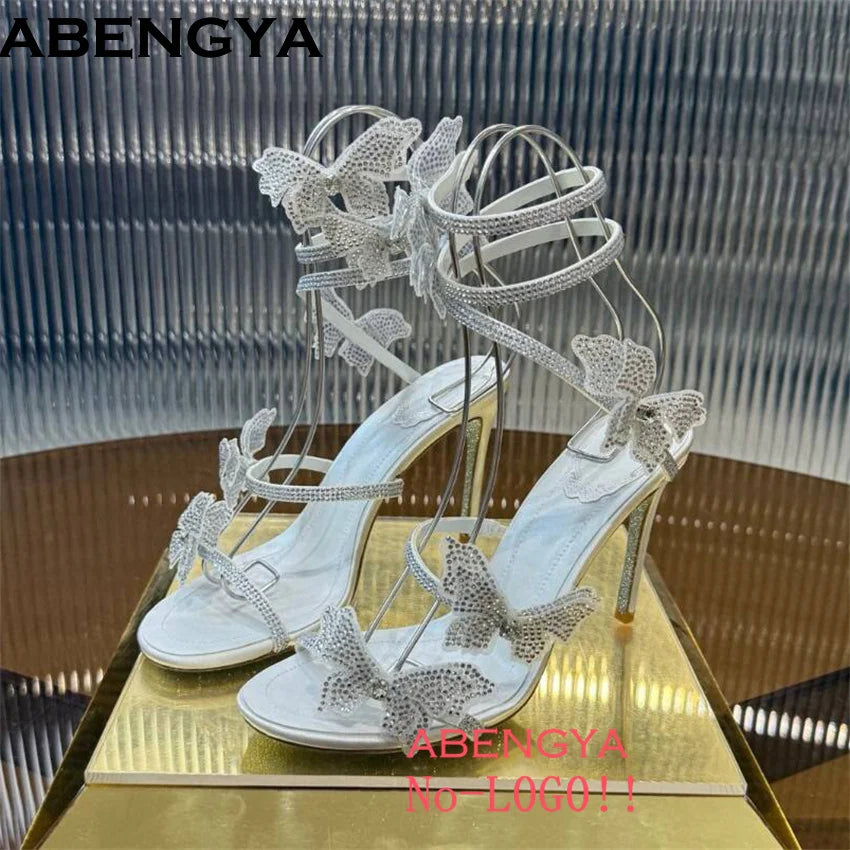 2025 Summer High Heels Sandals Women Crystal Flower Snake Strap Stilettos Party Shoes Shinny Female Sandalias Mujer